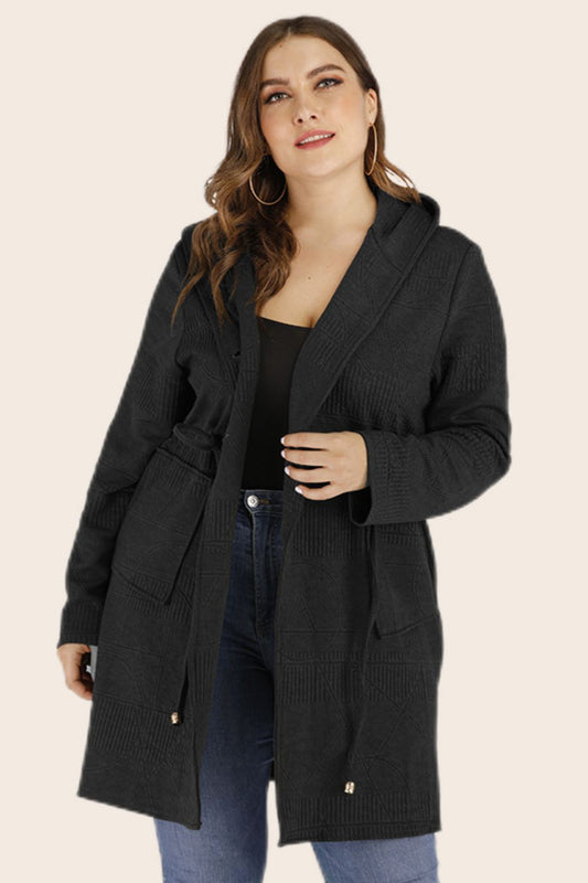 Plus Drawstring Waist Hooded Cardigan with Pockets