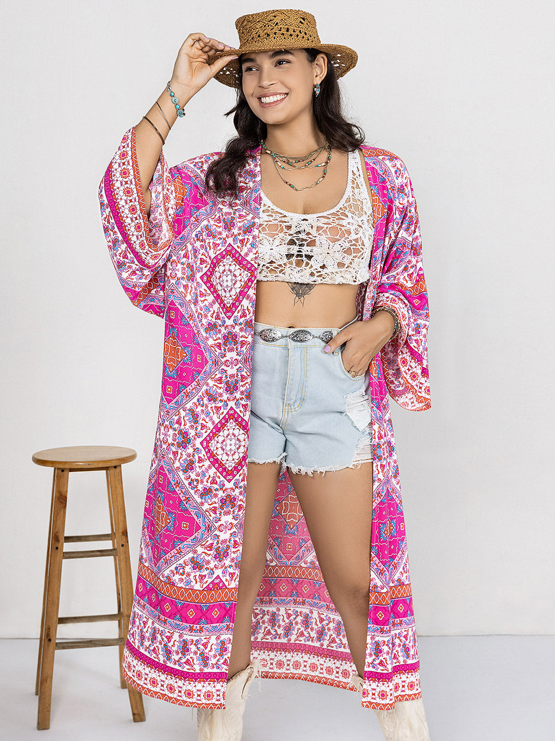 Plus Printed Open Front Longline Cardigan