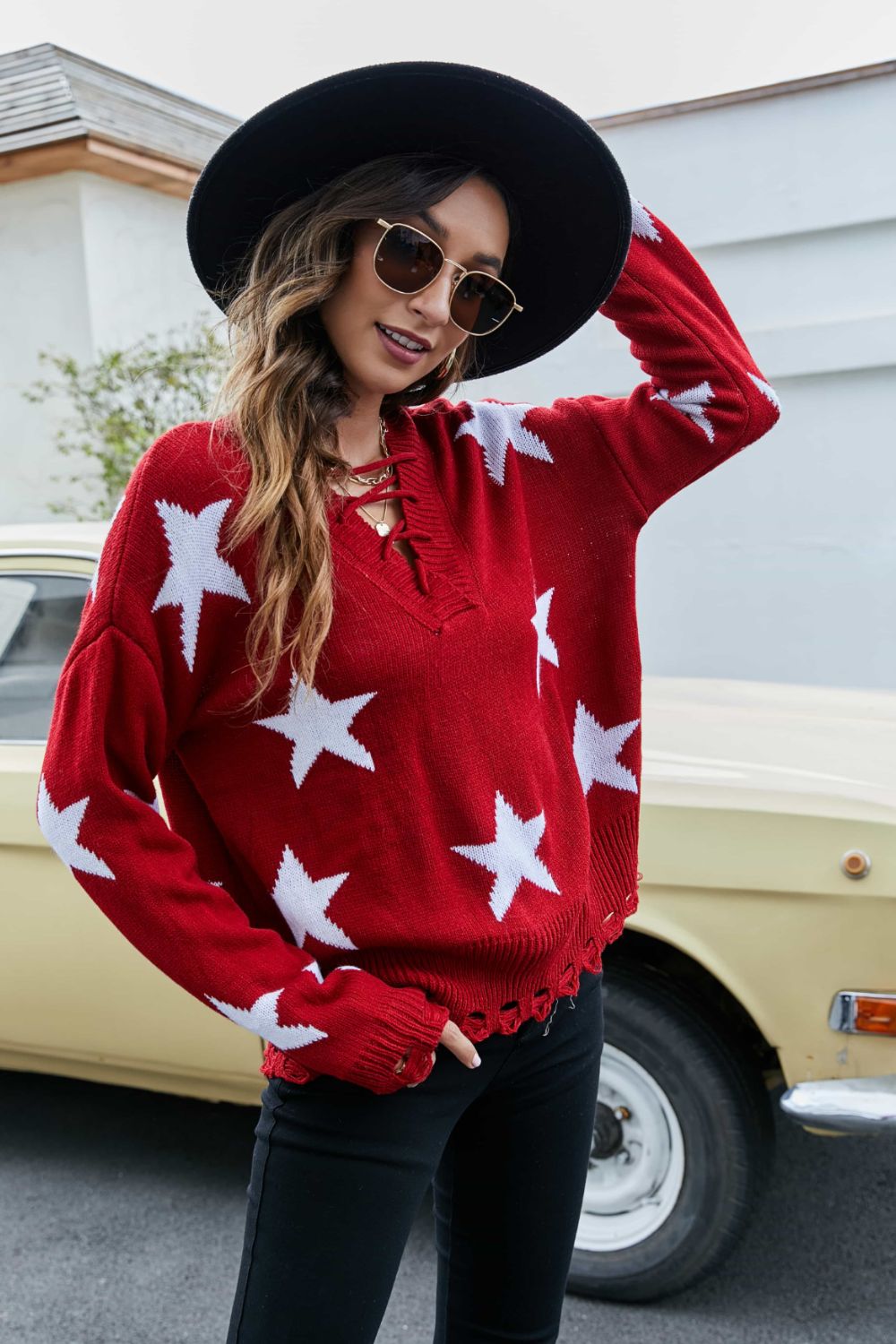 Star  Lace-Up Drop Shoulder Sweater