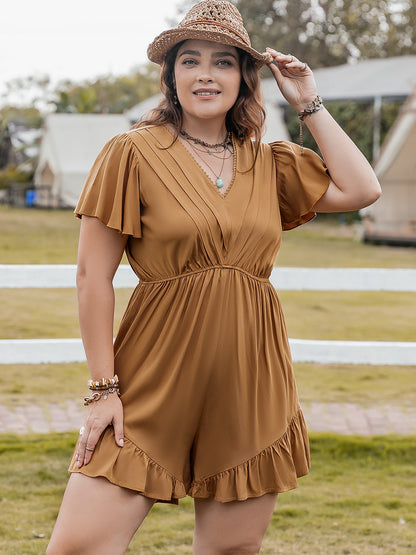 Plus Ruffled V-Neck Short Sleeve Romper