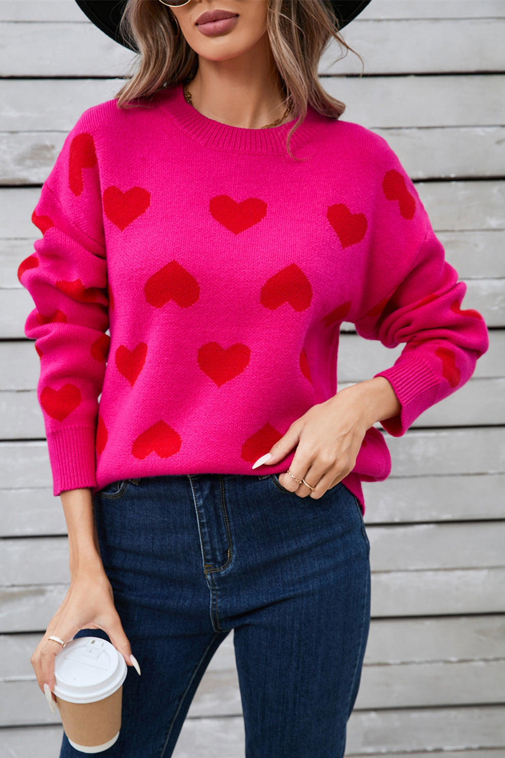 Heart Round Neck Long Sleeve Sweater