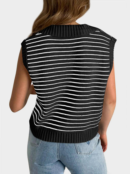 Collared Neck Striped Sweater Vest