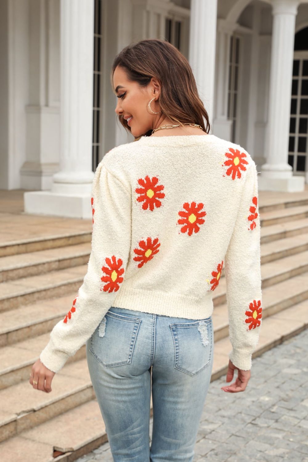 Flower  Round Neck Short Sleeve Pullover Sweater