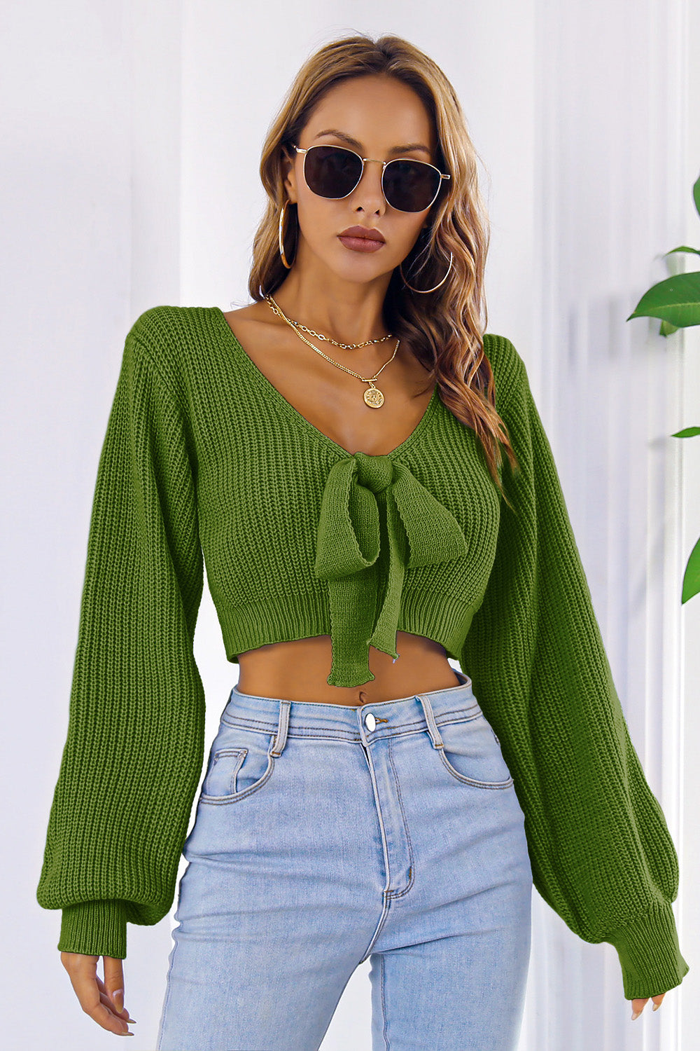 Bow V-Neck Long Sleeve Cropped Sweater