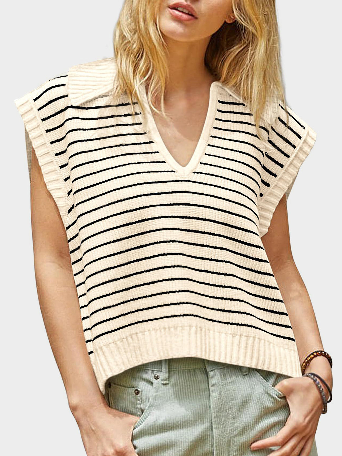 Collared Neck Striped Sweater Vest