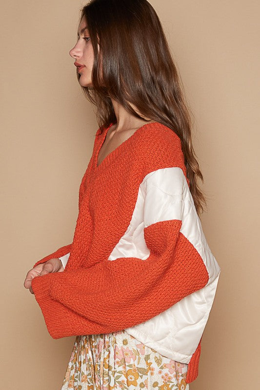 Cable Knit Quilting Patch V-Neck Contrast Sweater