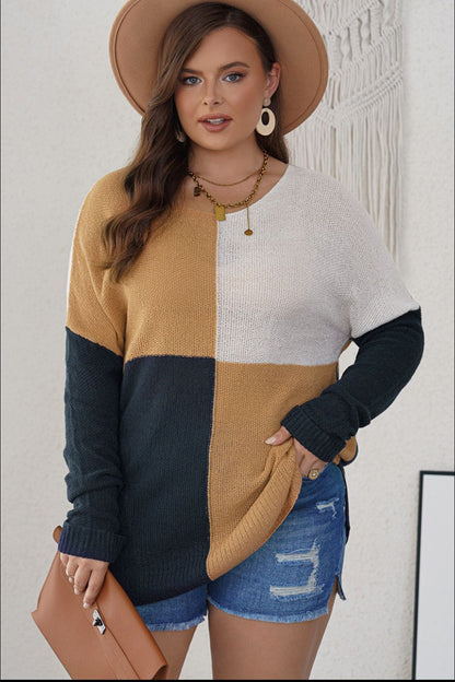 Plus Color Block Round Neck Sweater