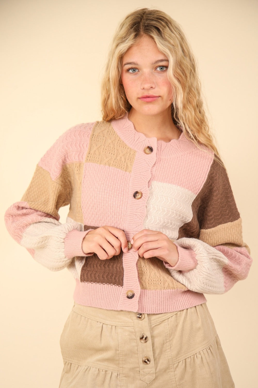 Color Block Button Down Textured Sweater Cardigan