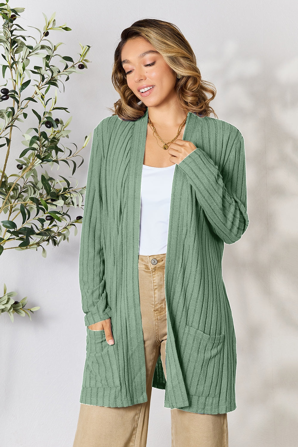 Ribbed Open Front Cardigan with Pockets