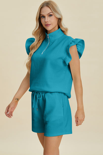 Textured Flounce Sleeve Top and Shorts Set