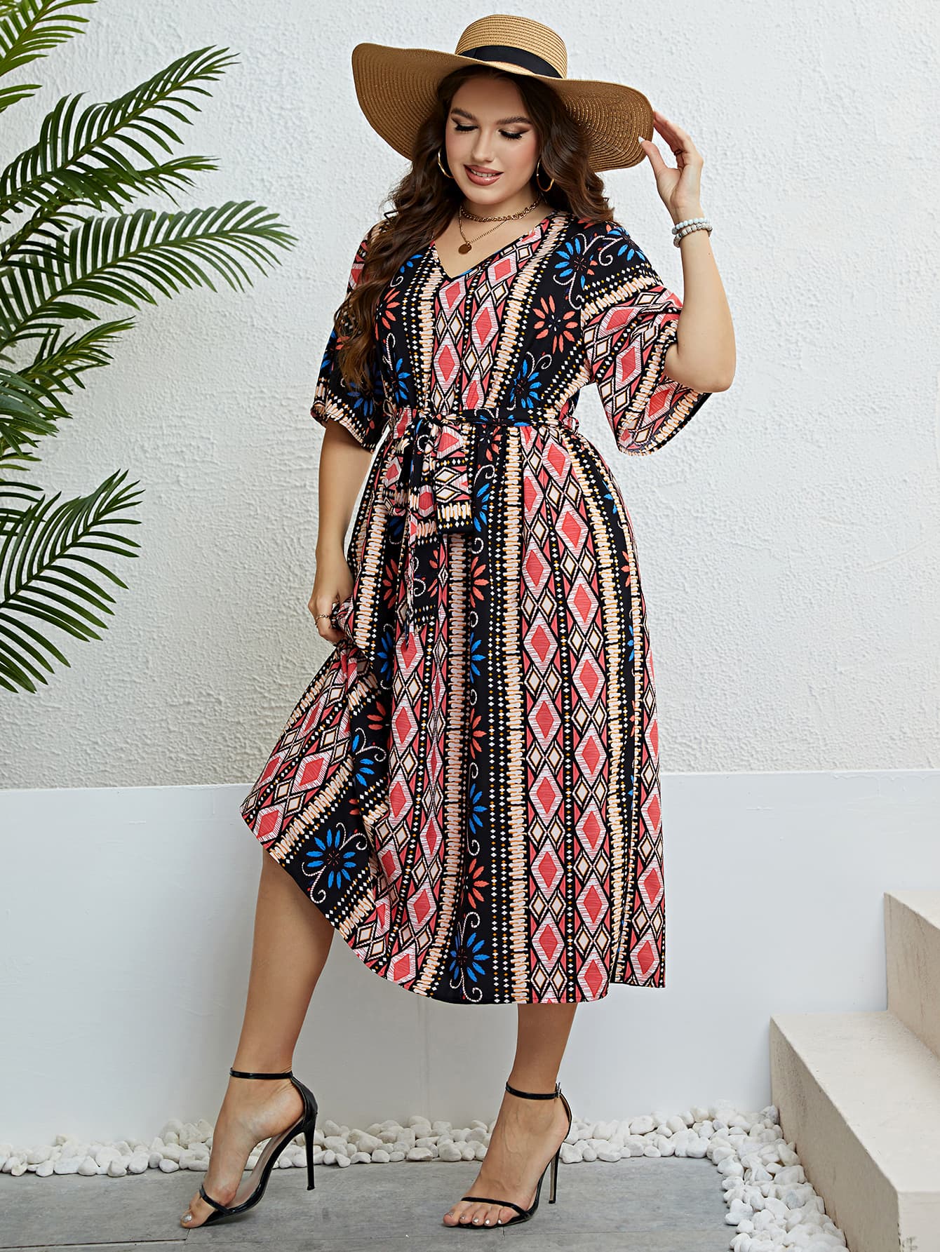 Plus Bohemian V-Neck Tie Belt Midi Dress