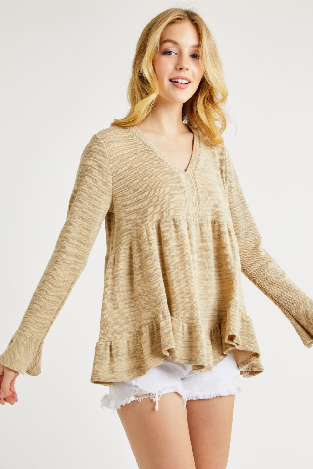 V-Neck Flounce Sleeve Knit Top