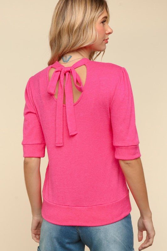 Tied Back Mock Neck Half Sleeve Knit Top