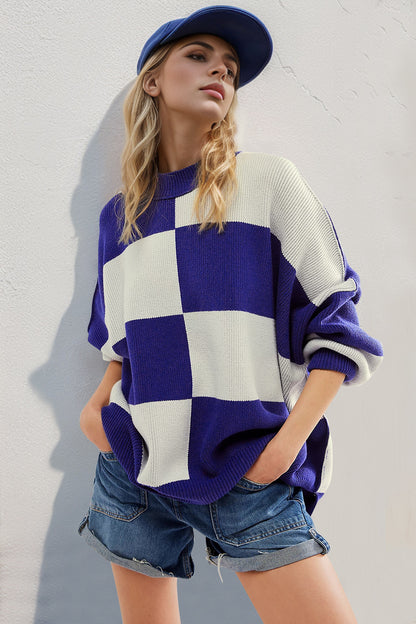 Slit Color Block Mock Neck Batwing Sleeve Sweater