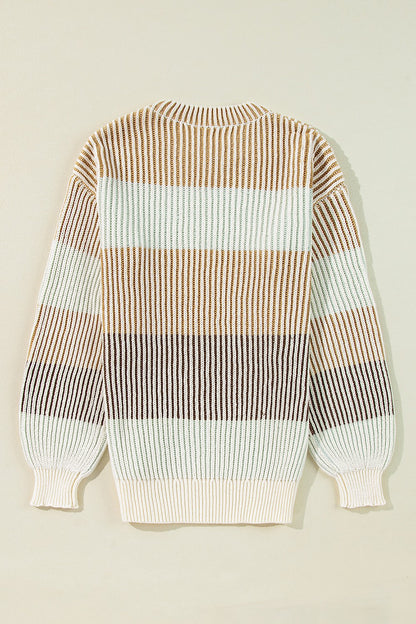 Striped Color Block Round Neck Long Sleeve Sweater