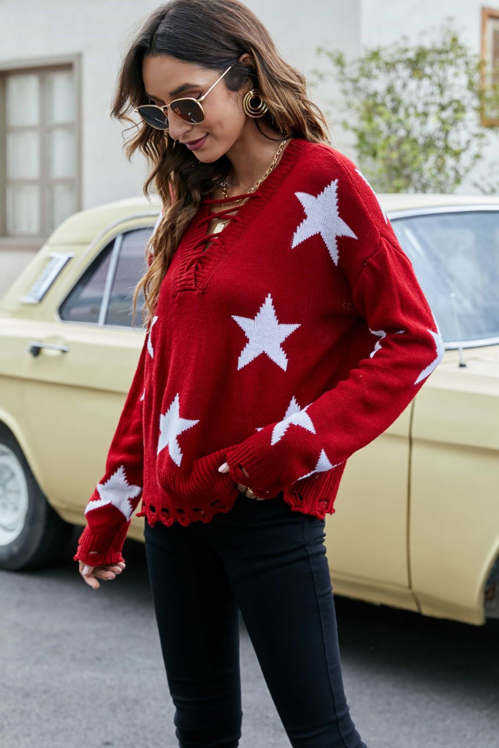 Star  Lace-Up Drop Shoulder Sweater