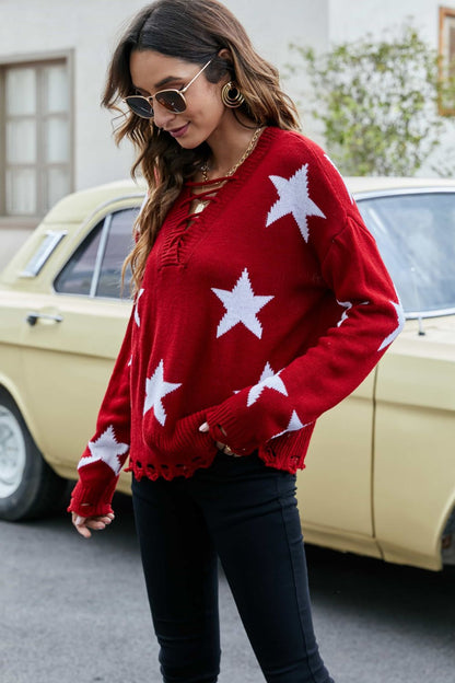 Star  Lace-Up Drop Shoulder Sweater