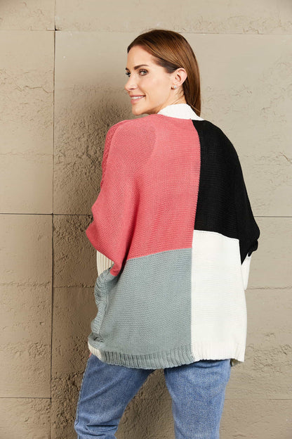 Color Block Cable-Knit Batwing Sleeve Cardigan