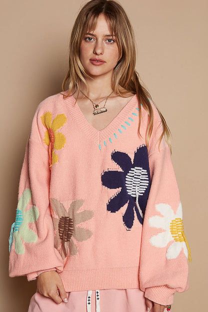 V-Neck Long Sleeve Flower Fringe Sweater