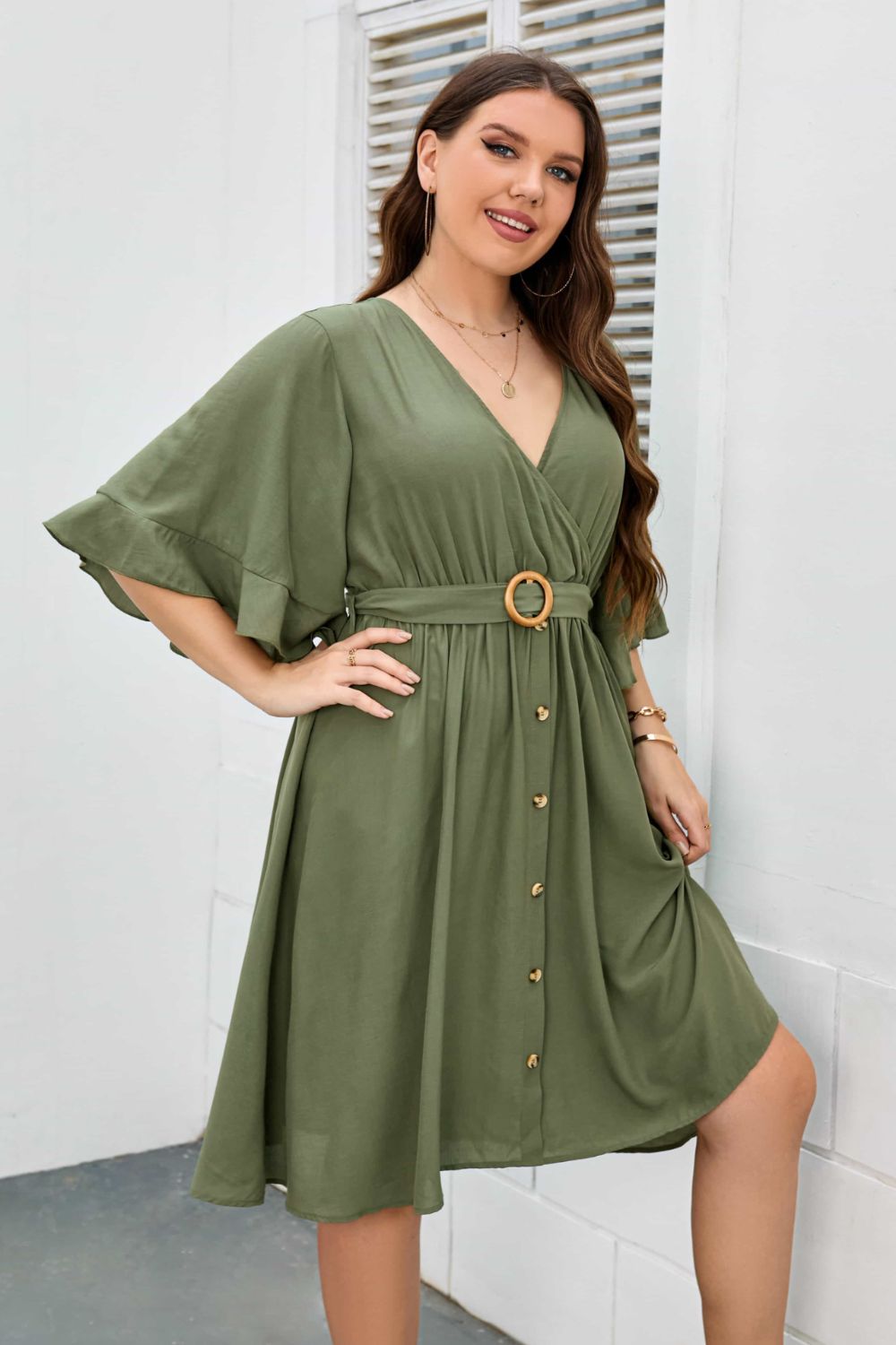 Plus Surplice Neck Half Sleeve Dress