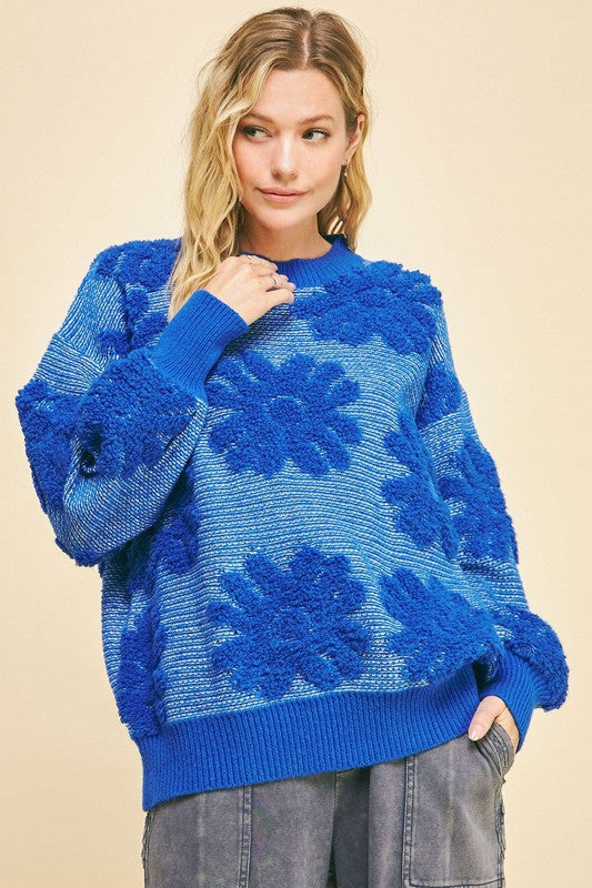 Flower Texture Round Neck Dropped Shoulder Sweater