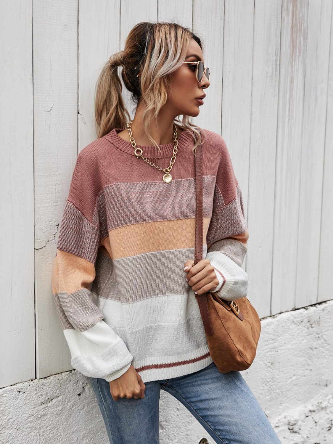 Striped Ribbed Trim Sweater