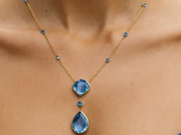 14k Yellow Gold Necklace with Pear-Shaped & Cushion Blue Topaz Briolettes