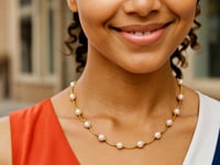 14k Yellow Gold Arc Link Necklace with White Pearls