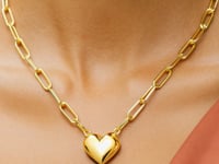 14k Yellow Gold Paperclip Chain Necklace with Puffed Heart