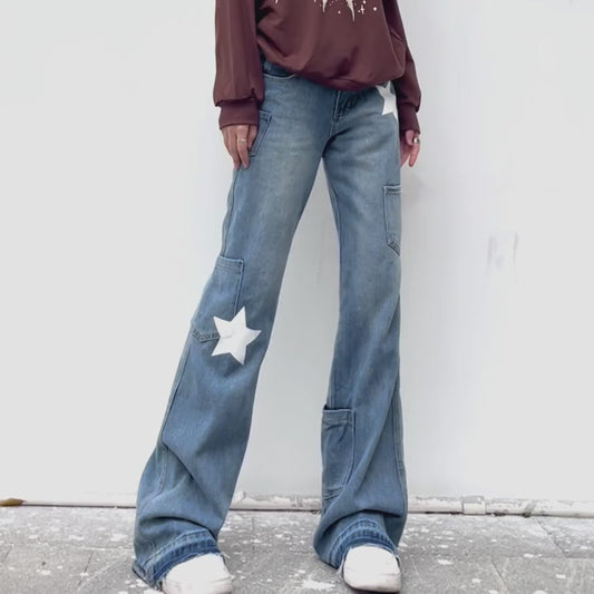 Star Print Retro Low Rise Flare Jeans
