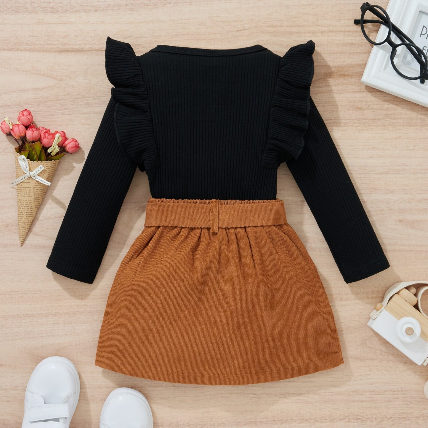 Girl's 2-Piece Off Shoulder Long Sleeve Top & Mini Skirt Outfit Sets