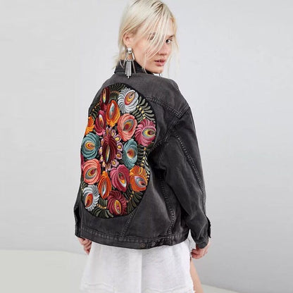 Vintage Peacock Floral Embroidered Denim Jacket