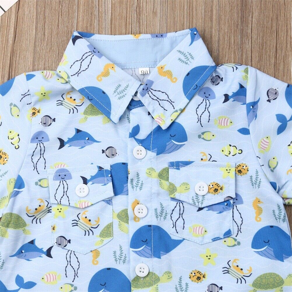 Boy's 2-Piece Button Up Ocean Life Shirt & Shorts Outfit Sets