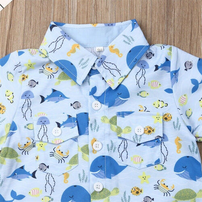 Boy's 2-Piece Button Up Ocean Life Shirt & Shorts Outfit Sets