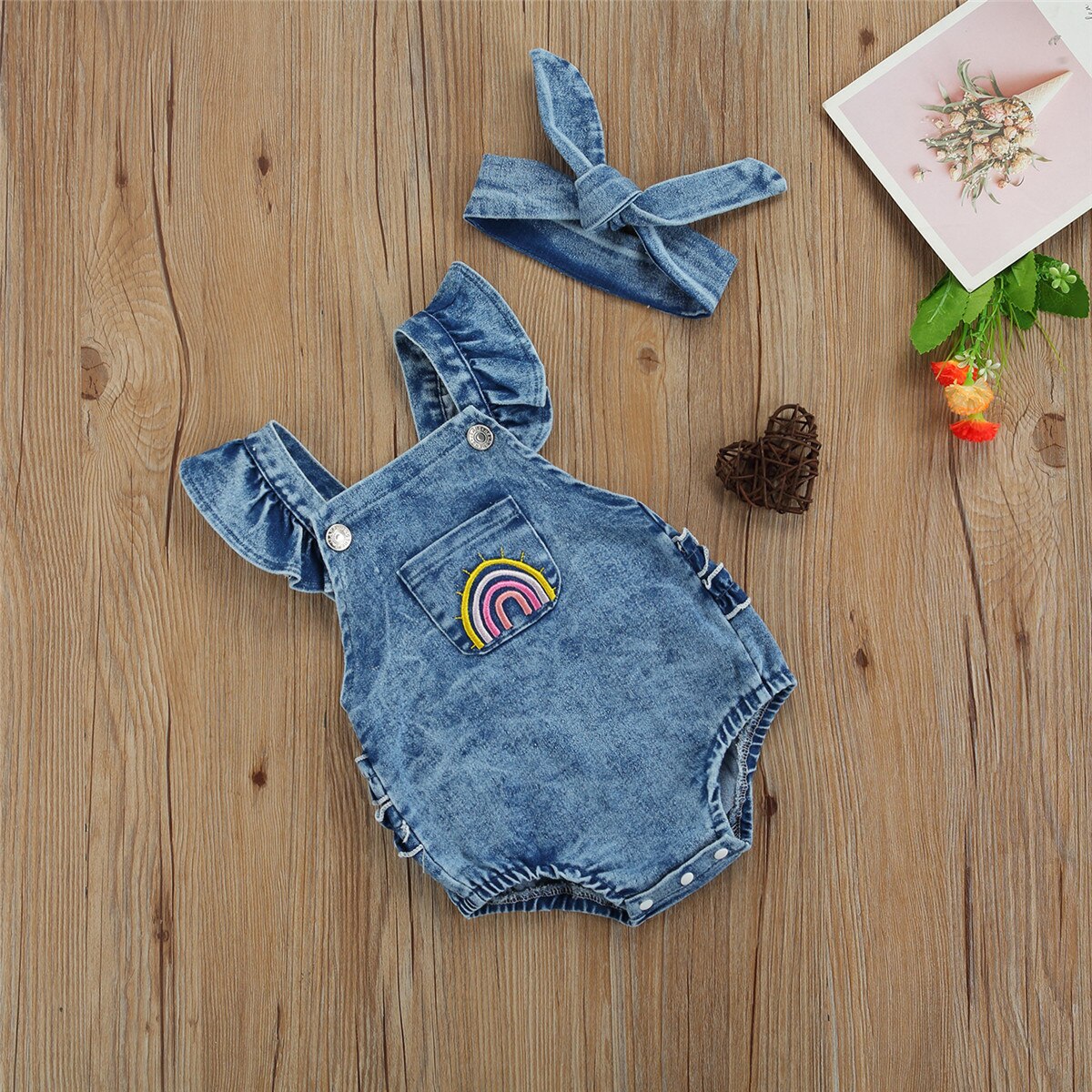 Girl's 2-Piece Denim Rainbow Romper & Bow Headband Sets