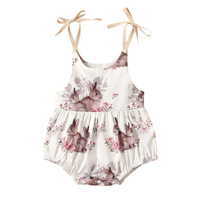 Girl's Sleeveless Floral Rabbit Rompers