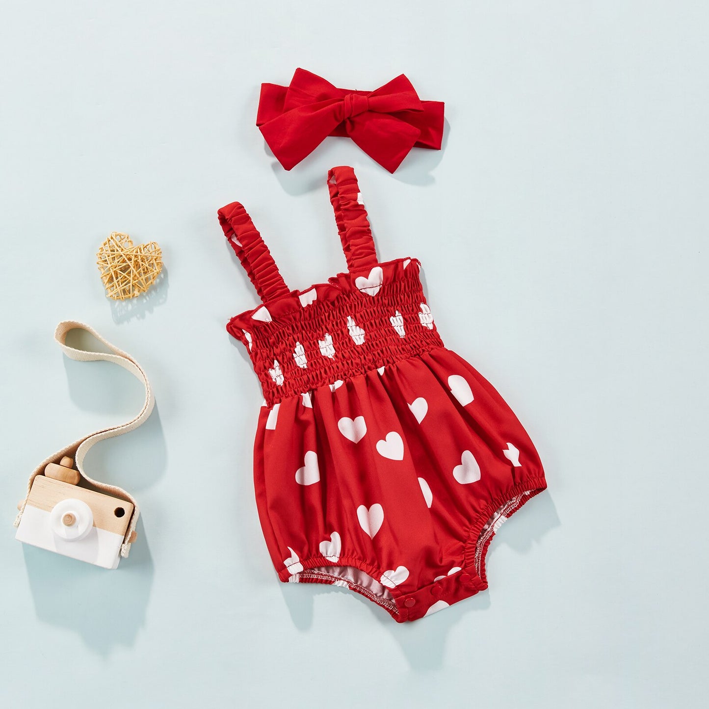 Girl's 2-Piece Heart Romper & Bow Headband Sets