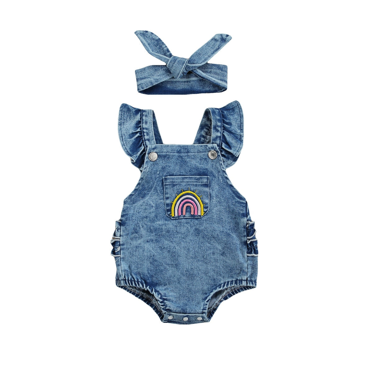 Girl's 2-Piece Denim Rainbow Romper & Bow Headband Sets