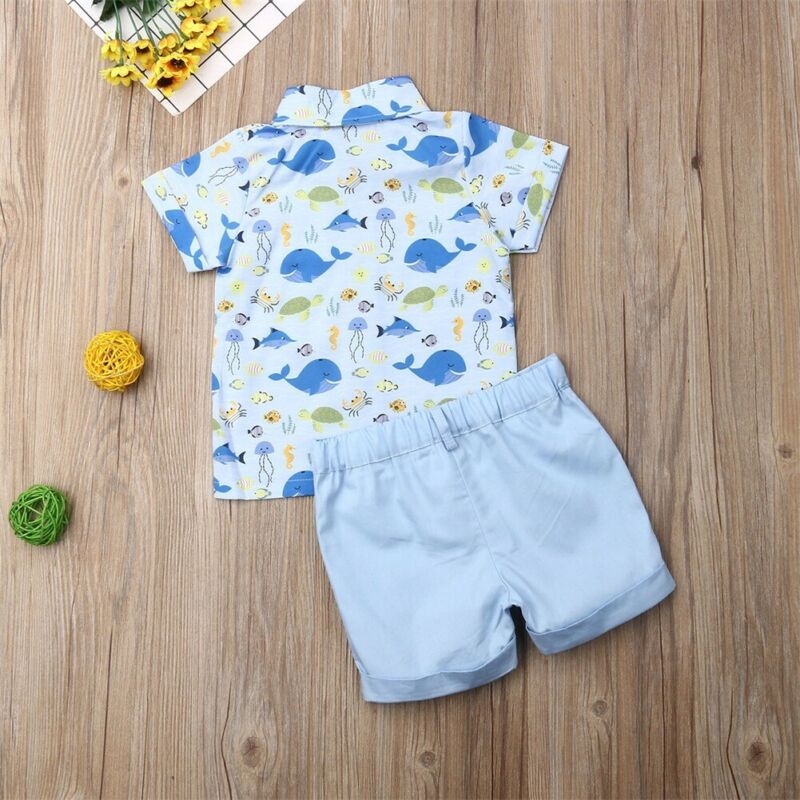 Boy's 2-Piece Button Up Ocean Life Shirt & Shorts Outfit Sets