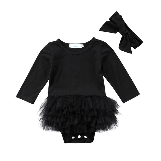 Girl's 2-Piece Long Sleeve Black Tulle Romper Dresses & Bow Headband Outfit Sets