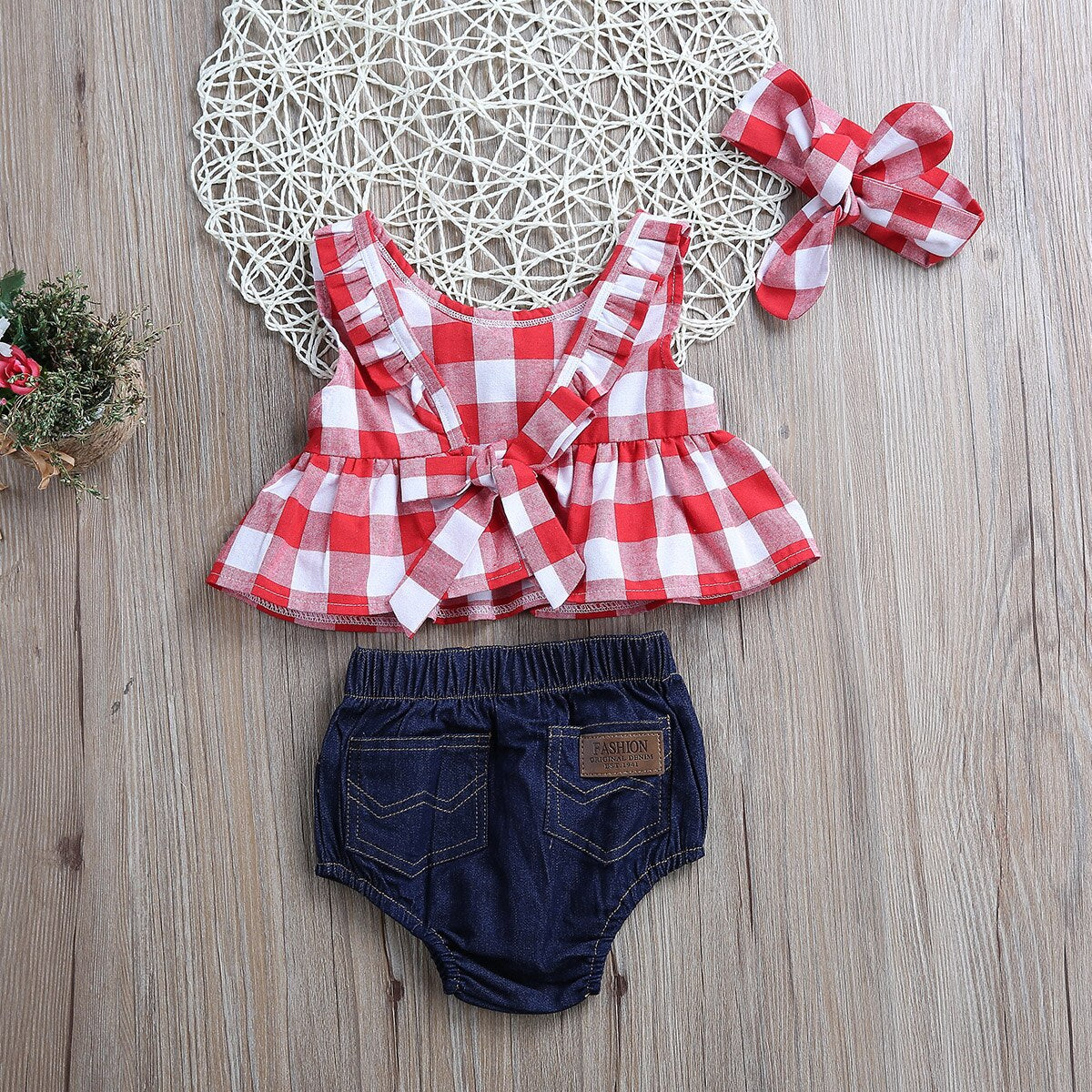 Girl's 3-Piece Sleeveless Plaid Crop Top, Denim Bloomers, & Bow Headband Sets