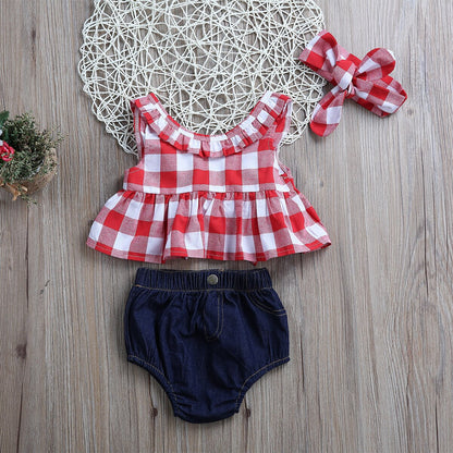 Girl's 3-Piece Sleeveless Plaid Crop Top, Denim Bloomers, & Bow Headband Sets