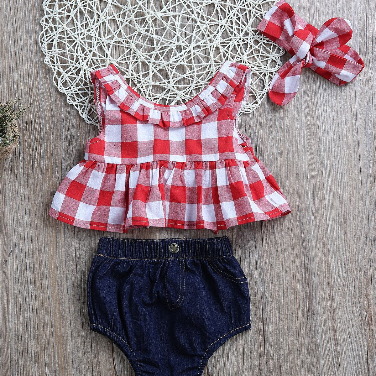 Girl's 3-Piece Sleeveless Plaid Crop Top, Denim Bloomers, & Bow Headband Sets