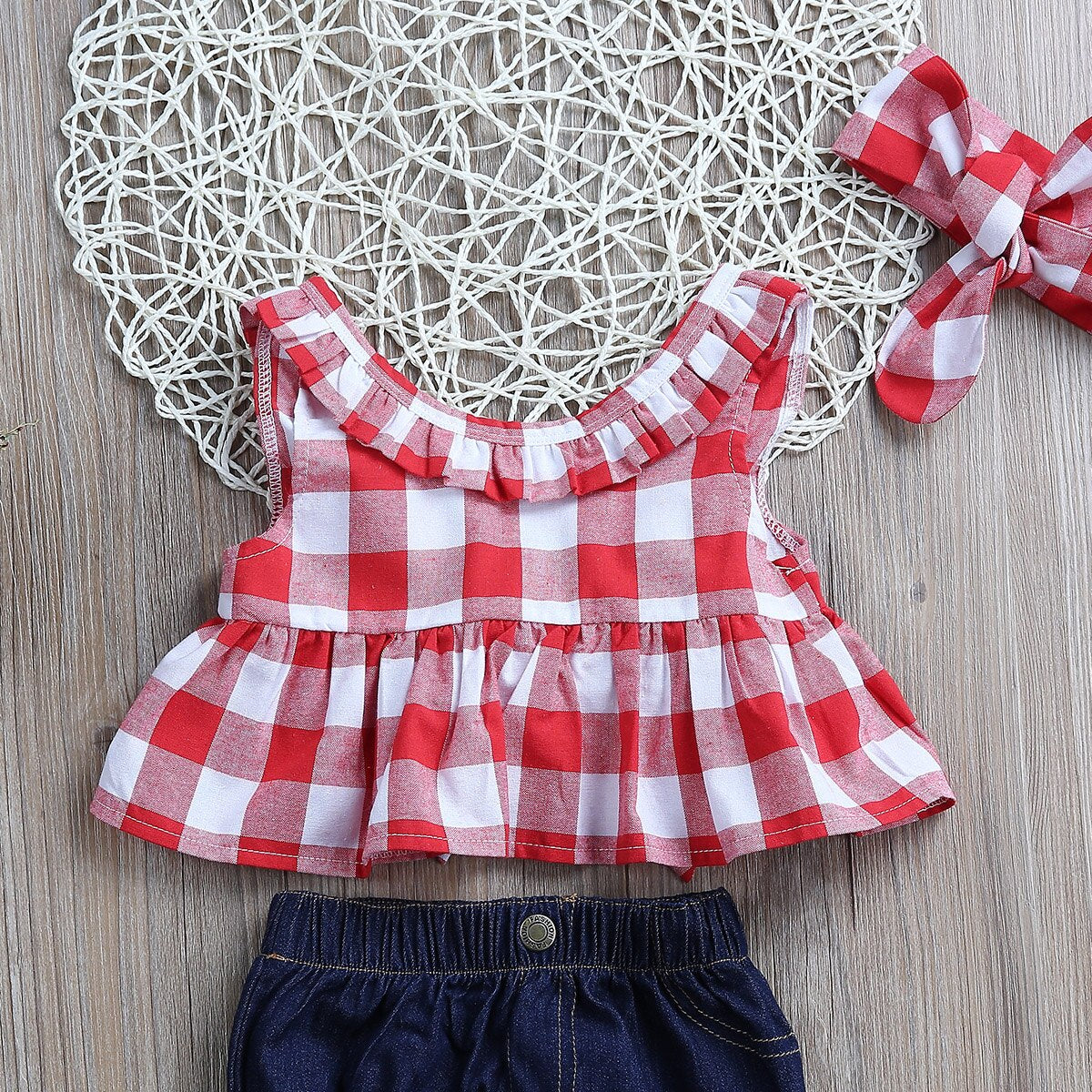 Girl's 3-Piece Sleeveless Plaid Crop Top, Denim Bloomers, & Bow Headband Sets