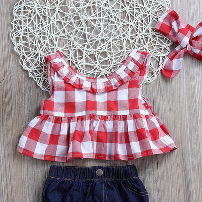 Girl's 3-Piece Sleeveless Plaid Crop Top, Denim Bloomers, & Bow Headband Sets