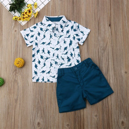 Boy's 2-Piece Button Up Dinosaur Shirt & Shorts Outfit Sets