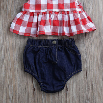 Girl's 3-Piece Sleeveless Plaid Crop Top, Denim Bloomers, & Bow Headband Sets