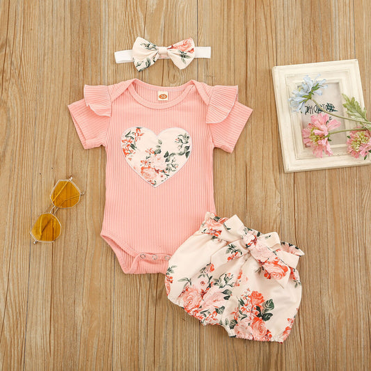 Girl's 3-Piece Floral Heart Onesie, Shorts & Bow Headband Outfit Sets