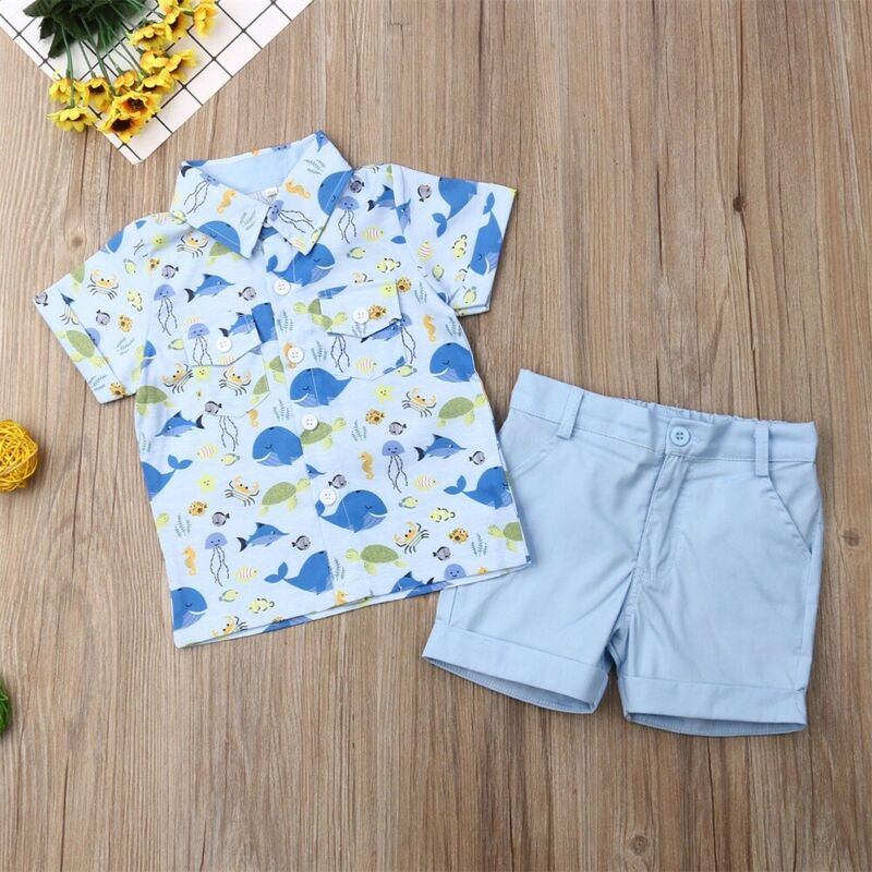 Boy's 2-Piece Button Up Ocean Life Shirt & Shorts Outfit Sets