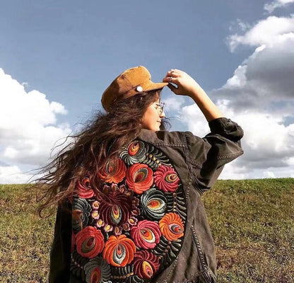 Vintage Peacock Floral Embroidered Denim Jacket